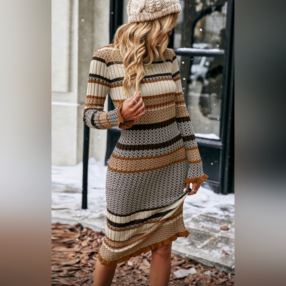 New Chic Striped Ribbed Knit Bodycon Dress Long Sleeve Brown Tan Cream Black - Picture 3 of 10